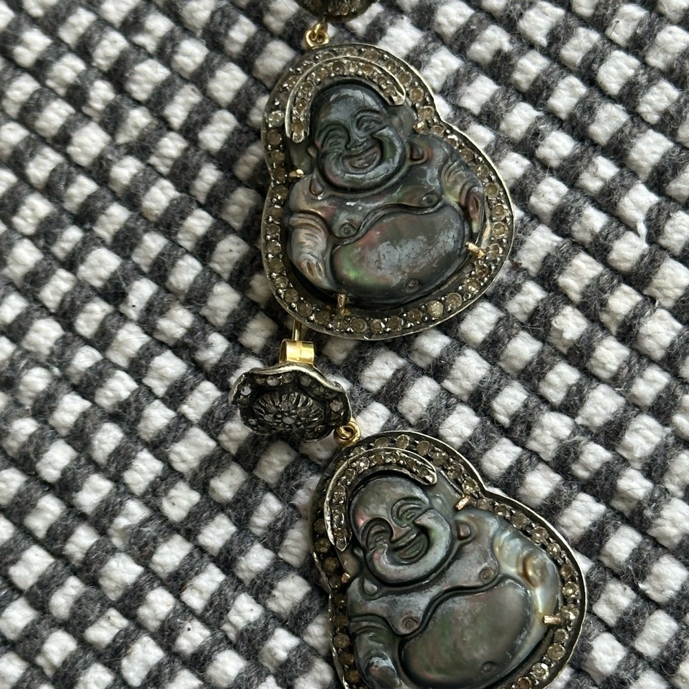 Abalone Buddha Drop Earrings - Iridescent Green Gold Accents